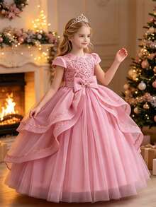 Đầm công chúa thêu xòe siêu lớn cho bé gái, đầm bé gái thanh lịch cho phù dâu nhí đám cưới, sinh nhật, tiệc tối, họp mặt lễ hội, làm MC, biểu diễn piano, đầm dạ hội - Bụi hồng - Xem 1