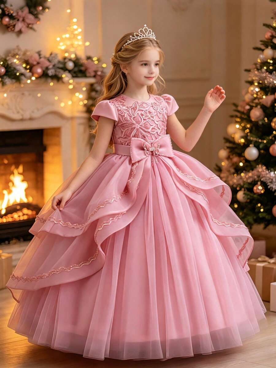 Đầm công chúa thêu xòe siêu lớn cho bé gái, đầm bé gái thanh lịch cho phù dâu nhí đám cưới, sinh nhật, tiệc tối, họp mặt lễ hội, làm MC, biểu diễn piano, đầm dạ hội - Bụi hồng - Xem 1