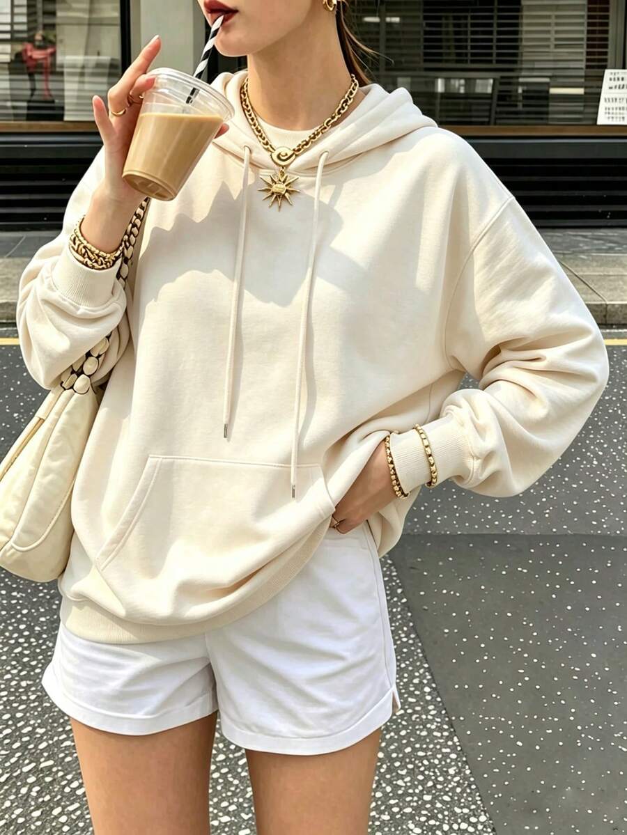 Solid Color Blank Loose Sweatshirt, Minimalist All-Match Drawstring Kangaroo Pocket Pullover Sweatshirt, Versatile Layering Daily All-Match Top Fall