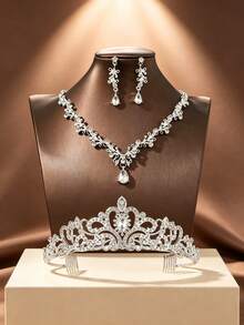 Women's 4-Piece Bridal Wedding Silver Crown Necklace Earrings Exquisite Wedding Accessories Set - Silver - View 9