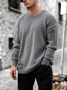 Men's Distressed Crew Neck Sweater, American Street Style Fringed Hem Loose Knit Pullover, Autumn/Winter Brand Top - Grey - View 1