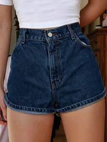 Celana Pendek Denim Abu-abu Gaya Amerika Retro untuk Remaja & Gadis Remaja, Jeans Serbaguna Pinggang Tinggi - Dark Wash - View 2
