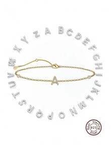 SYMFNY 1pc 925 Sterling Silver Minimalist Cubic Zirconia 26 Letters A-Z Bracelet - Yellow Gold - View 3