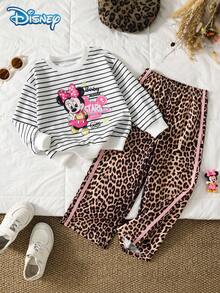 Disney 2pcs/Set Autumn Girls Minnie Cartoon Pattern Striped Ribbed Long Sleeve Sweatshirt & Leopard Print Long Wide Leg Pants Casual Basic Cute Style Spring Outfit - Brown - View 1