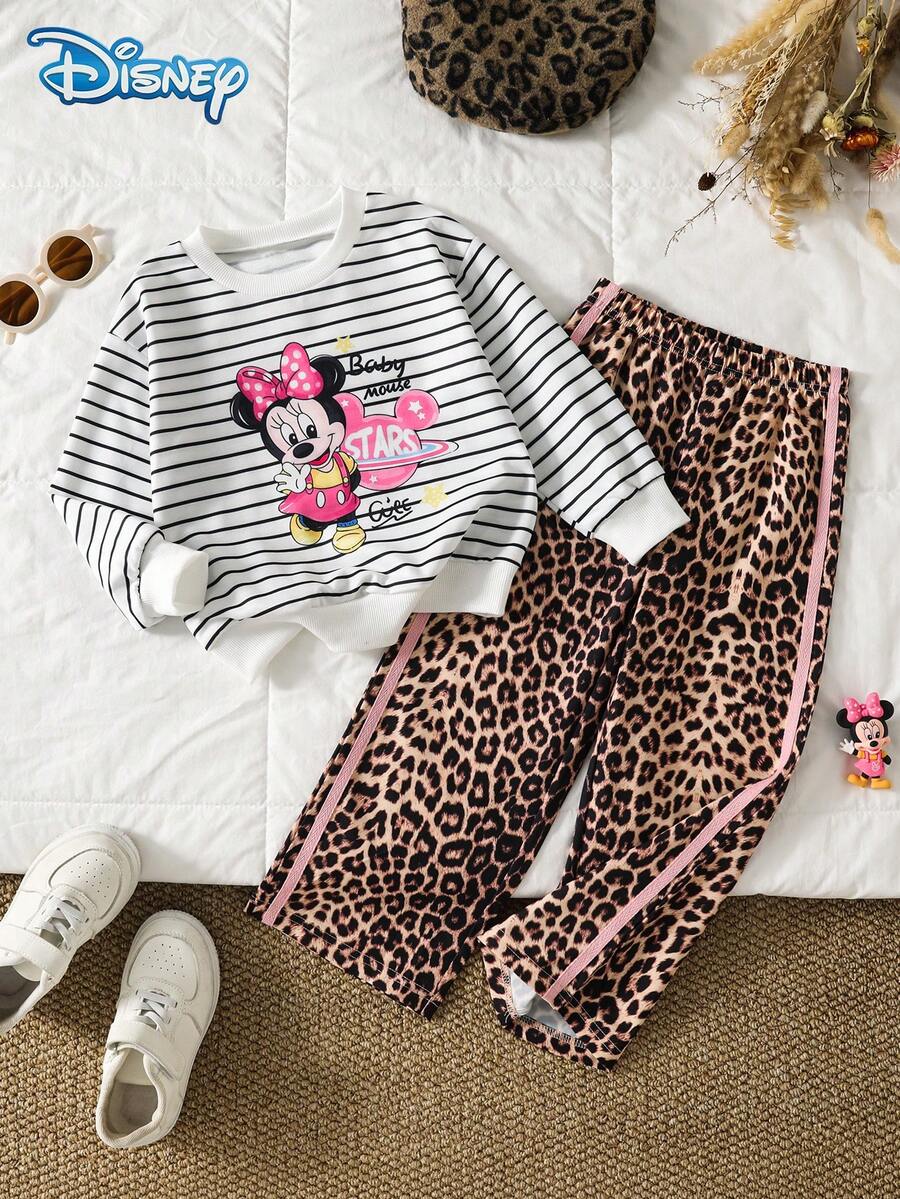 Disney 2pcs/Set Autumn Girls Minnie Cartoon Pattern Striped Ribbed Long Sleeve Sweatshirt & Leopard Print Long Wide Leg Pants Casual Basic Cute Style Spring Outfit - Brown - View 1