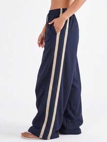KyrLssu Side Stripe Star Embroidery Wide Leg Sweatpants, Elastic Drawstring High Waist Athletic Long Pants - Navy Blue - View 4