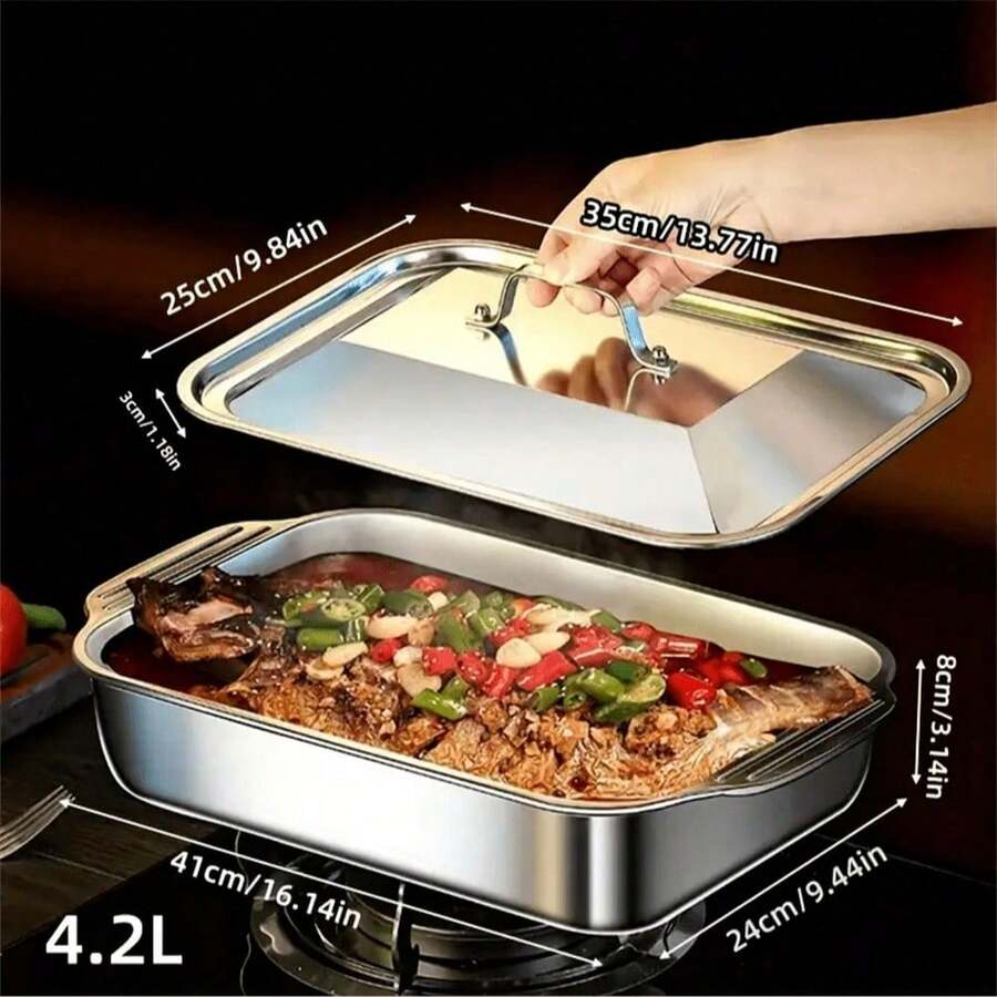 SOKANY 1 buah Loyang Panggang Persegi Stainless Steel dengan Tutup, Loyang Persegi Panjang, Anti Lengket Tebal, Pegangan Ganda, Sempurna untuk Memanggang, Membakar Ikan, Prasmanan, Alat Penting untuk Memasak di Rumah, Hotel, Restoran, dan Warung Makan