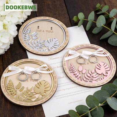 1pc Acrylic 3D Leaf Wooden Tropical Style Ring Tray, 14cm/5.51inch, Engraved With Mr & Mrs Jewelry Tray, Comes With White Ribbon For Wedding Ring, Gold/Silver/Pink Optional, Bedroom Vanity Storage Tray, Home Room Decor Ornament, Proposal Engagement Wedding Gift, Romantic Gift For Newlyweds