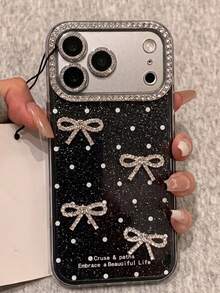 Glitter Polka Dot Sequins Phone Case Compatible With IPhone 18ProMax 18Pro 17Air 16 15 14 13 12 11 Pro Max 16 15 14 Plus 16Promax 15Promax Lovely Solid Color Summer Candy Color Back Cover - Black + Bow - View 2