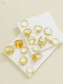 14pcs/Set Vintage Smooth Rings Set, Women's Geometric Creative Asymmetrical Finger Rings, Daily Punk Style Jewelry Accessories - Yellow Gold - View 2