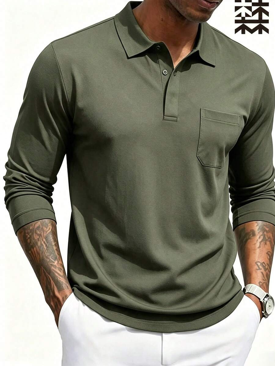 mulinsen Men's Black Long Sleeve Polo Shirt, Spring/Autumn Casual Top With Collar - Army Green - View 1