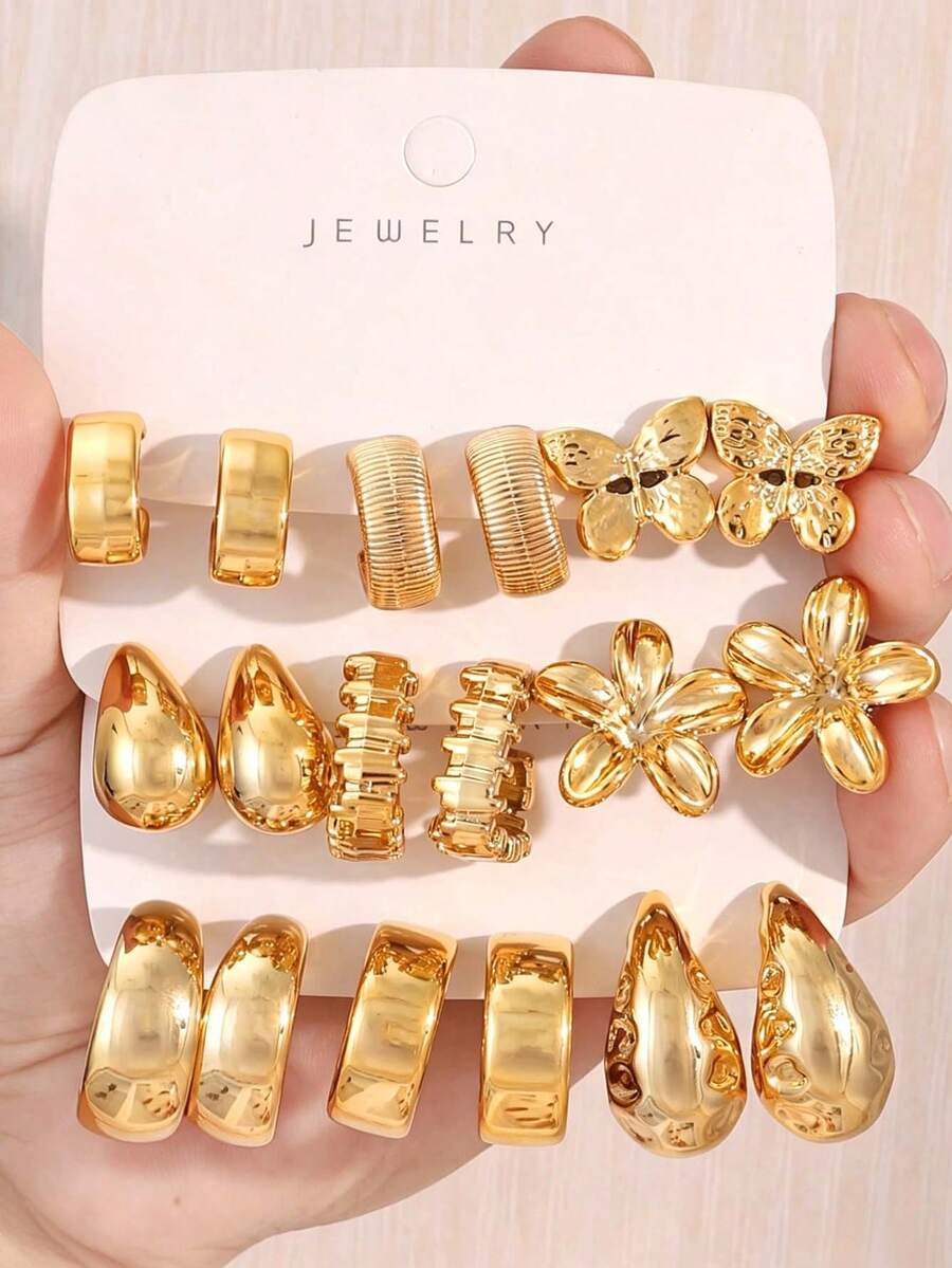 3/9 Pairs Gold Stud Earrings Fashionable Elegant Floral Geometric Multi-Element Gold Metallic Earring Set, Women's Fashion Earring Set, Best Gift For Best Friends, Full Of Atmosphere (Lightweight CCB Material, Non-Fading) - Gold - View 1
