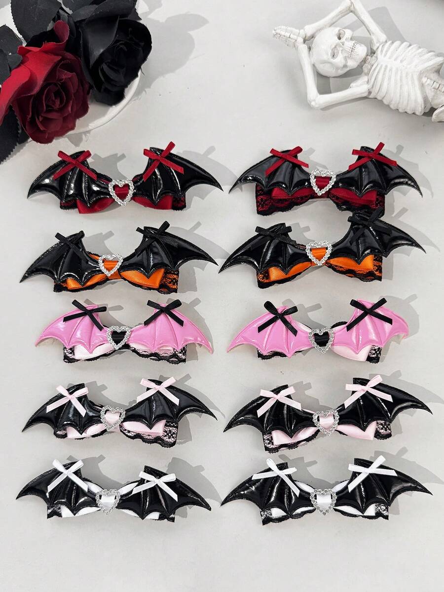 1pc Dark Sweet Cool Subculture Bat Wing Bow Hair Clip With Exquisite Heart Rhinestone Decor, Niche Headpiece For Halloween Party Atmosphere, Suitable For Holiday Styling, Travel, Photography, Daily Outfit Matching And Multiple Style Looks - Multicolor - View 1