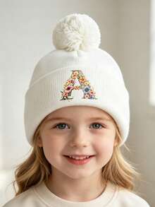 1pc Baby Beanies Boy Girls White Pom-Pom Cap With A-Z Letter Colorful Floral Hat For Boys And Girls Ages 0-8Y, For Hat Accessories Winter Warm Hat - Multicolor - View 3