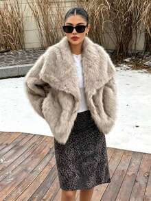 Seelio Autumn/Winter New Thick Faux Fur Collar Faux Fur Lined Mid-Length Fashionable Fur Coat Elegant - Camel - View 2