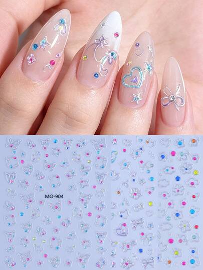 3pcs Relief Flower Butterfly Cloud Holographic Nail Stickers With Colorful Rhinestone Glitter Embossed Decals Self Adhesive Cute Decoration Nail Slider Accessories Manicure Salon DIY Supplies