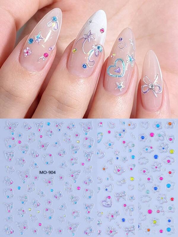 3pcs Relief Flower Butterfly Cloud Holographic Nail Stickers With Colorful Rhinestone Glitter Embossed Decals Self Adhesive Cute Decoration Nail Slider Accessories Manicure Salon DIY Supplies