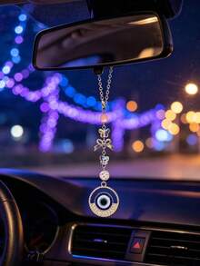 Rhinestone Evil Eye Car Rearview Mirror Hanging Ornament, Turkish Evil Eye Full Rhinestone Car Pendant, Pink Crystal Bead Bowknot Chain Rearview Mirror Decorative Hanging Accessory - Demon - View 5