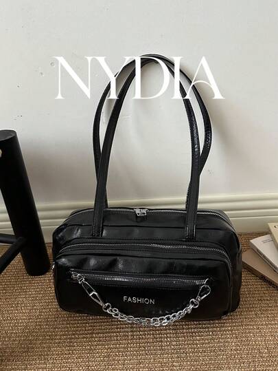 1pc Black PU Multi-Pocket Women's Baguette Shoulder Bag, Long Underarm Bag With Chain Decoration, Suitable For Shopping And Daily Wear