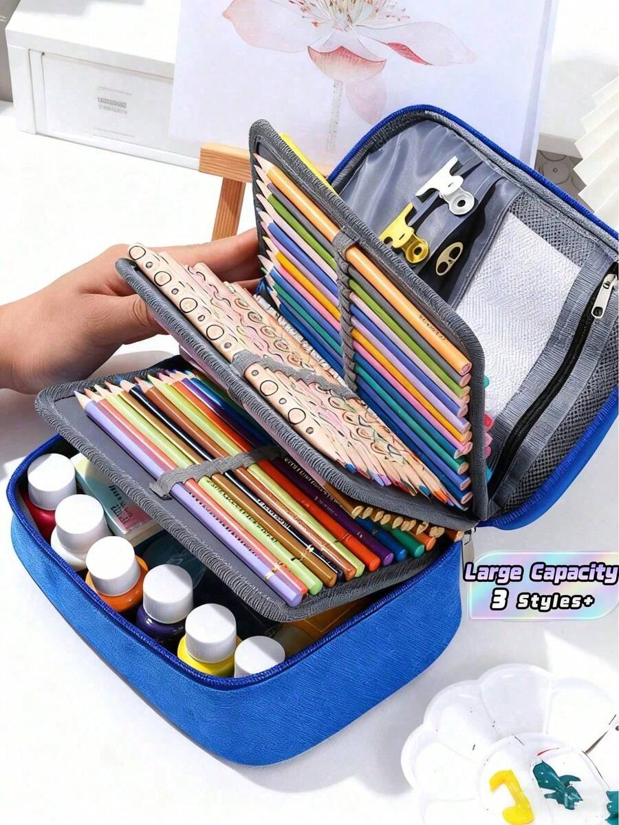 1pc Large Capacity 72-Slot Multi-Function Zipper Pencil Case, Built-In Pockets, Suitable For Pencils, Markers, School & Office Art Supplies, Back To School Stationery Storage - Multi-color - View 1