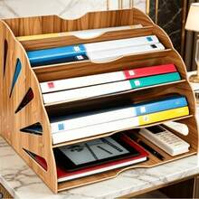 Fan-Shaped Wooden Bookshelf Organizer Multi-Layer A4 Document Storage Rack For Office And Home Stylish Desk File Organizer(Brown) - View 1