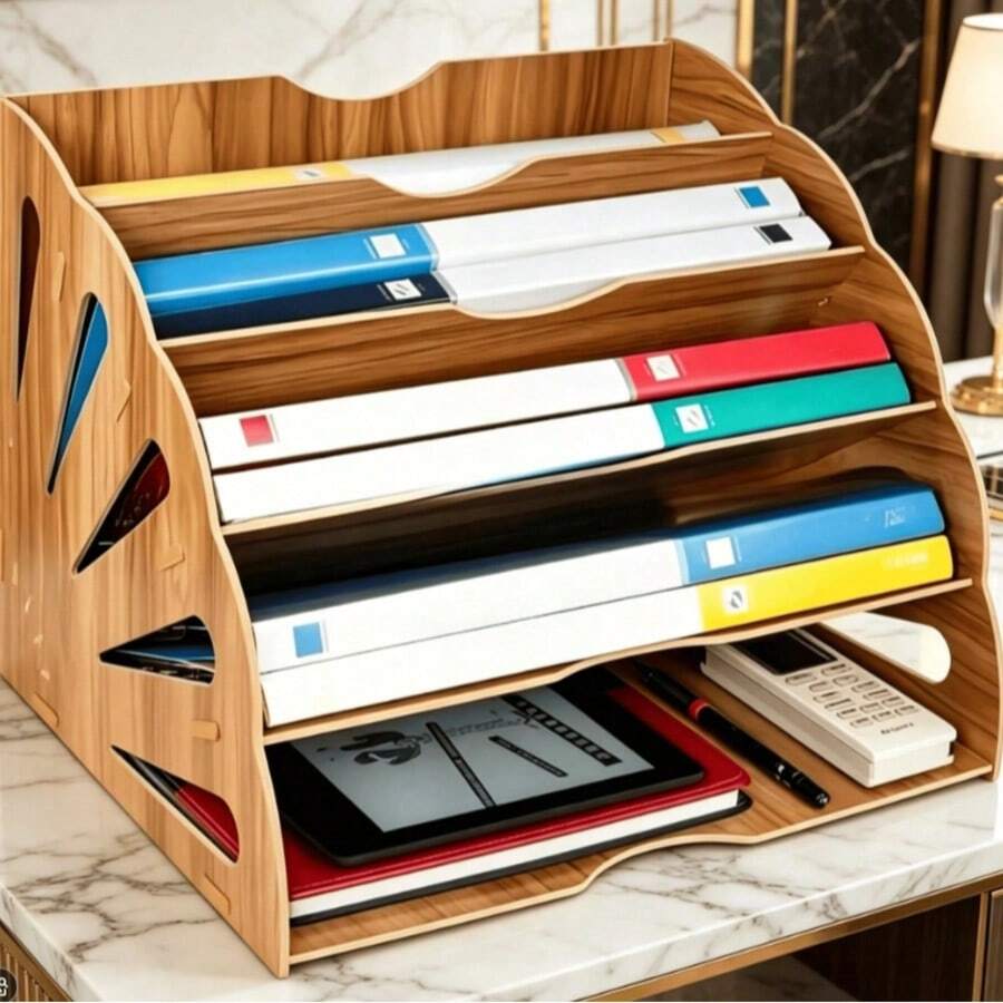 Fan-Shaped Wooden Bookshelf Organizer Multi-Layer A4 Document Storage Rack For Office And Home Stylish Desk File Organizer(Brown) - View 1