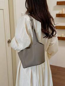 Elephant Gray Litchi Textured Vegetable Basket Bag, Women's Mother-Daughter Style Handbag & Shoulder Bag, Large Capacity Minimalist Commuter Bag - Grey - View 4