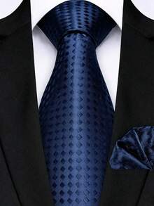 Men's Tie Set, Classic Fashion Necktie & Pocket Square Set, Suitable For Weddings, Business And Banquets - Navy Blue - View 1