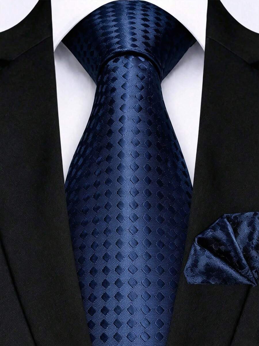 Men's Tie Set, Classic Fashion Necktie & Pocket Square Set, Suitable For Weddings, Business And Banquets - Navy Blue - View 1
