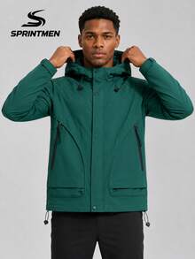 1pc Phantom Green Drawstring Hooded Men's Jacket, Utility Men's Outerwear With Side Zipper Pockets And Inner Pocket, Long Sleeve Jacket, Sporty Style, Machine Washable, Suitable For Daily Commute, Outdoor Travel, Sports And Hiking - Green - View 3