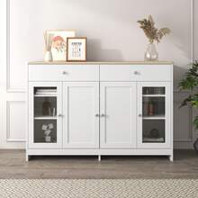 White Sideboard With Wood Effect – 4 Doors, 2 Drawers – Perfect For Living Room/Dining Room - White - View 6