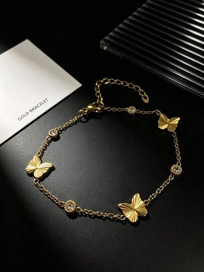 18k,Diamond Butterfly Bracelet, Women's Titanium Steel Bracelet With Unique Butterfly Design, Suitable For Daily Wear And As Gifts For Girlfriends