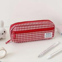 Estuche de lápices minimalista a cuadros, diseño de capas de gran capacidad con doble cremallera, almacenamiento organizado con amplio espacio, opciones de colores frescos y variados, adecuado para el almacenamiento diario de los estudiantes - A - Ver 9