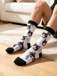 Custom Pet Cat Face & Paw Print Crew Socks White Body With Black Cuffs And Toe Caps Soft Stretch Knit Personalized Novelty Socks - Multicolor - View 3
