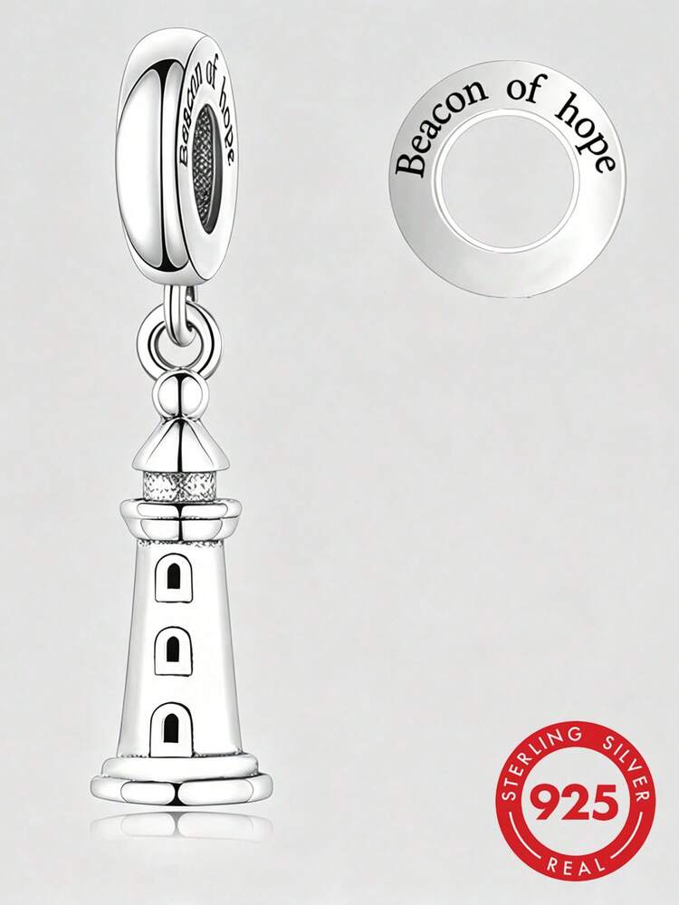 1pc 925 Sterling Silver Lighthouse Pendant Engraved With "Light Of Hope", Unisex Inspirational Beaded DIY Jewelry Gift - Silver - View 1