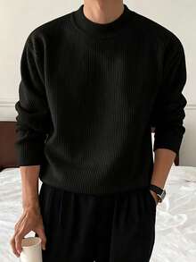 Men's Autumn/Winter Minimalist Ribbed Solid Color Fashion Casual Mock Neck Long Sleeve Sweater - Black - View 1