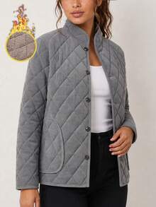 Women's Gray Diamond Quilted Jacket, Stand Collar Button Front Coat With Patch Pockets And Soft Fleece Lining, Casual Daily Wear - Grey - View 6