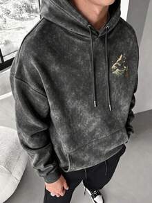Men's Japanese Wave Mount Crane Print Hoodie Sweatshirt With Drawstring, Autumn/Winter - Black - View 3