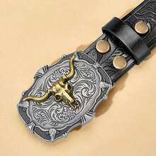 1pc Men's Casual PU Leather Belt, All Season, Western Cowboy Vintage Carved Print Design - Multicolor - View 6