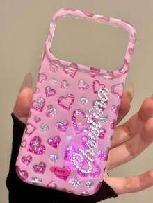 Personalized Engraved Rhinestone Name Stylish Full Screen Sequins Pink Hearts Solid Color Phone Case Compatible With IPhone 17 Pro Max 17 Pro 17 16 Pro Max 16 Pro 16 15 Pro Max 15 Pro 15 14 Pro Max 14 Pro 14 13 Lovely Sweet Shockproof Protective Cover - Pink - View 3