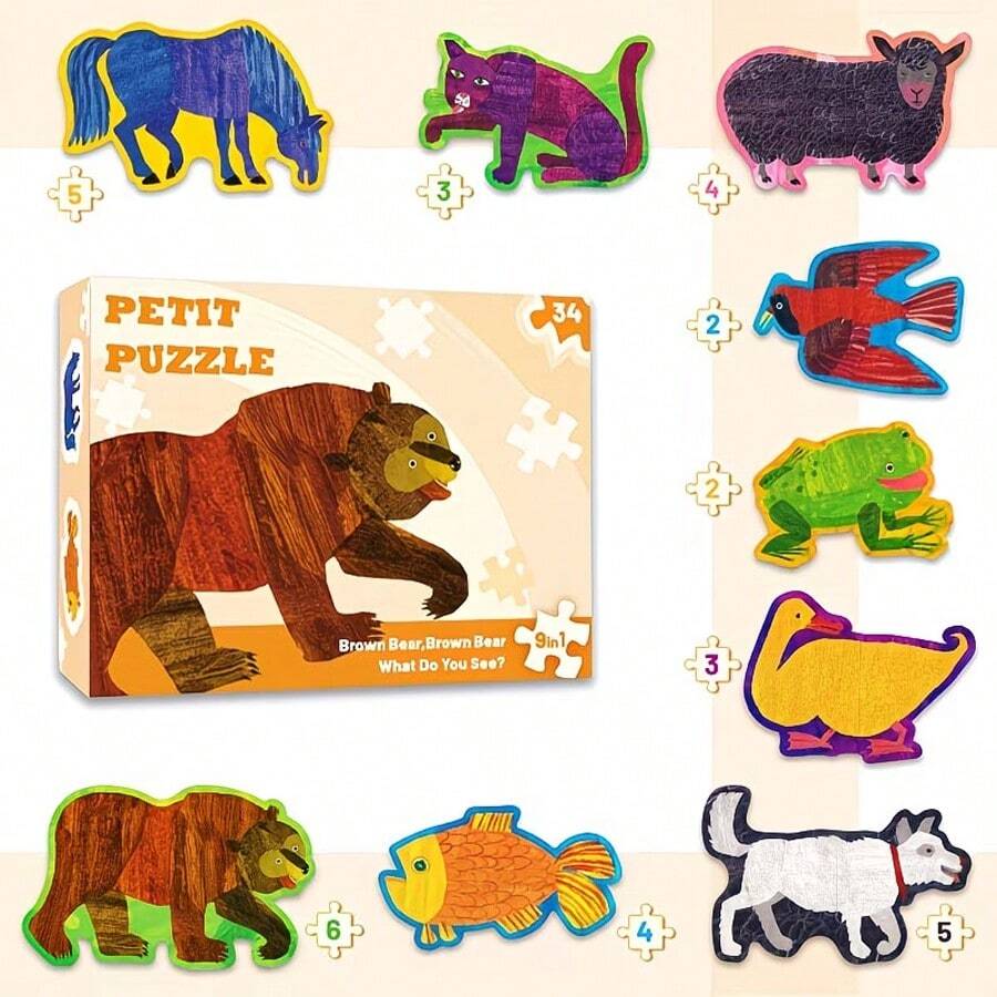 hoojojo Brown Bear, What Do You See? Felt Puzzle Set, 9-In-1 Animal Recognition Puzzle, Early Educational Toy, Parent-Child Classroom Interactive Learning Supplies