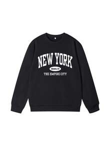1-Piece Unisex Crew Neck Printed Sweater, Cotton-Polyester Blend, Soft And Versatile, Suitable For School And Commuting In Autumn And Winter - Black - View 2