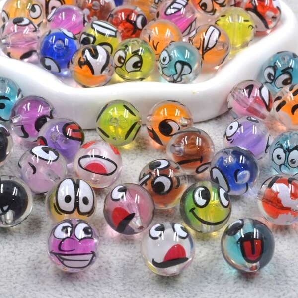 Multiple Specifications Available: 20/40/60 Pieces. Popular 16mm Emoticon Beads With Fun Prints On Acrylic Spheres, Bead Chains, And Loose Beads.
