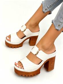 Women's High Heel Sandals Solid Color Hook & Loop Closure Plus Size Wide Fit Lightweight Comfortable Chunky Heel Casual Commute Slip-On Sandals Slides Minimalist Summer Beach Style Slip-On Slides - White - View 7