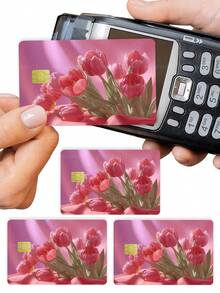 1pc Pink Tulip Official Credit Card Sticker Privacy Protection Card Skin, Romantic Floral Birthday Gift PVC Material Anti-Fingerprint Anti-Scratch Wear-Resistant Card Sleeve, Card Protector, Suitable For Men, Women, Couples, Small Chip Card, Bank Card, Credit Card, Transit Card, Student Campus Card Personalized DIY - Type a - View 2