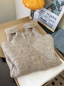 Women's Ribbed Knit Zip-Up Cardigan, Long Sleeve Stand Collar Knit Fabric Regular Length Warm Autumn/Winter Jacket - Camel - View 5