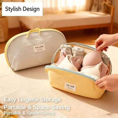 1pc Large Capacity Foldable Portable Space-Saving Waterproof Soft Fabric Underwear Storage Bag, Minimalist Modern Yellow & Light Gray Shell Shape 180° Full Open Smooth Zipper Compartment Divider For Bra, Panties, Socks, Cosmetics, Travel Underwear Organizer, Business Trip, Fitness, Vacation, Birthday, Housewarming Gift