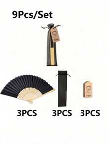 3-60pcs Black Bamboo Folding Hand Fan Set With Organza Gift Bags And Thank You Tags, Wedding Guest Hand Fans, Wedding Guest Favors, Gothic Wedding Favors, Halloween Party Favors, Bridal Shower Gifts, Autumn Wedding And Masquerade Party Decor - Black - View 5