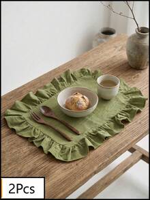 1pc Olive Green Solid Color Ruffle Trim Placemat, Natural Rustic Style Fabric Material Square Shape With Ruffle Trim Detail, Stain-Resistant Tabletop Protection And Decorative Function, Suitable For Daily Home And Natural Dining Table Setting - Green - View 17
