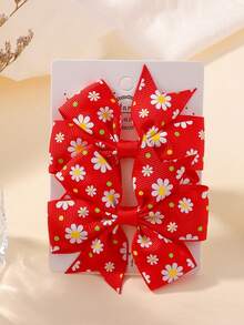 1 Pair Printed Daisy & Sunflower Hair Clip Set, Ribbed Fishtail Bow Baby Hair Clips, Random Cardboard - Multicolor - View 12